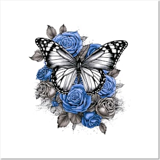 Butterfly and Blue Roses Posters and Art